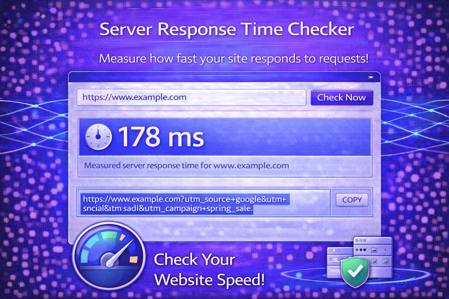 Server Response Time Checker tool interface in a blue and purple gradient design showing a website URL input field, measured response time displayed as 178 ms, copy button, and a “Check Now” button for testing website speed.