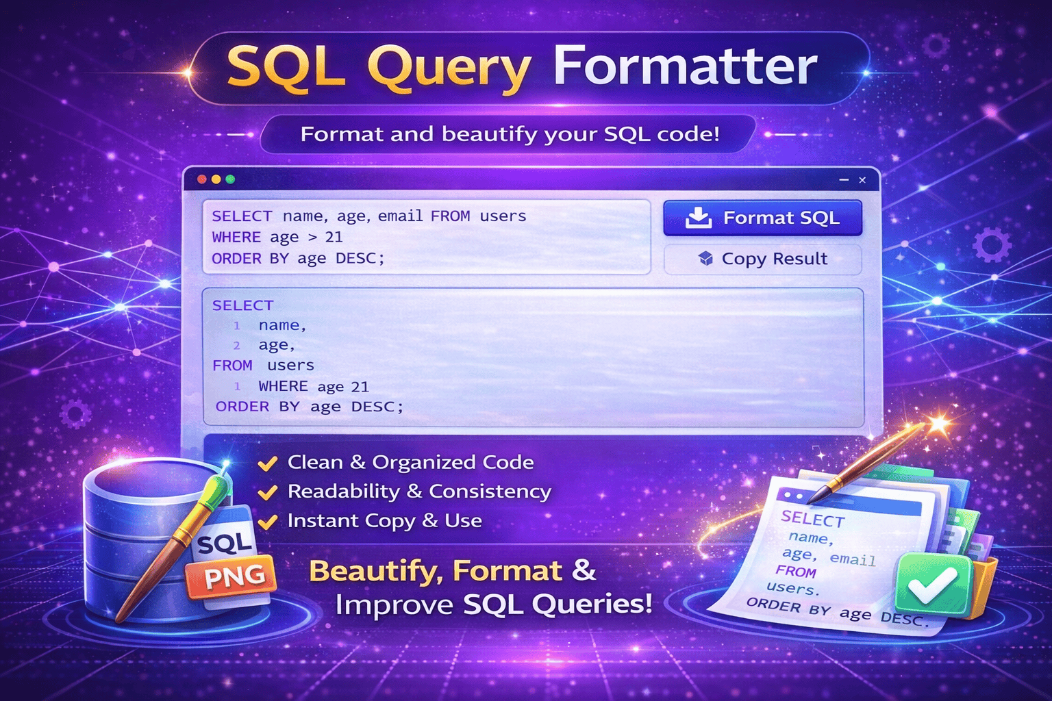 SQL Query Formatter tool beautifying and formatting structured SQL code for better readability.
