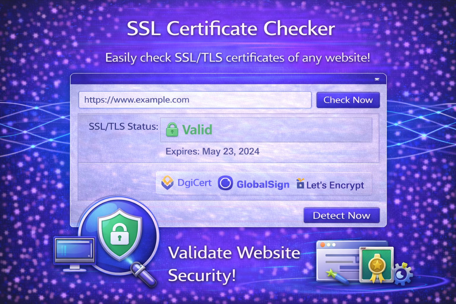SSL Certificate Checker tool interface in a blue and purple gradient design showing a website URL input field, SSL/TLS status marked as valid with expiration date, certificate provider logos, and a “Check Now” button.