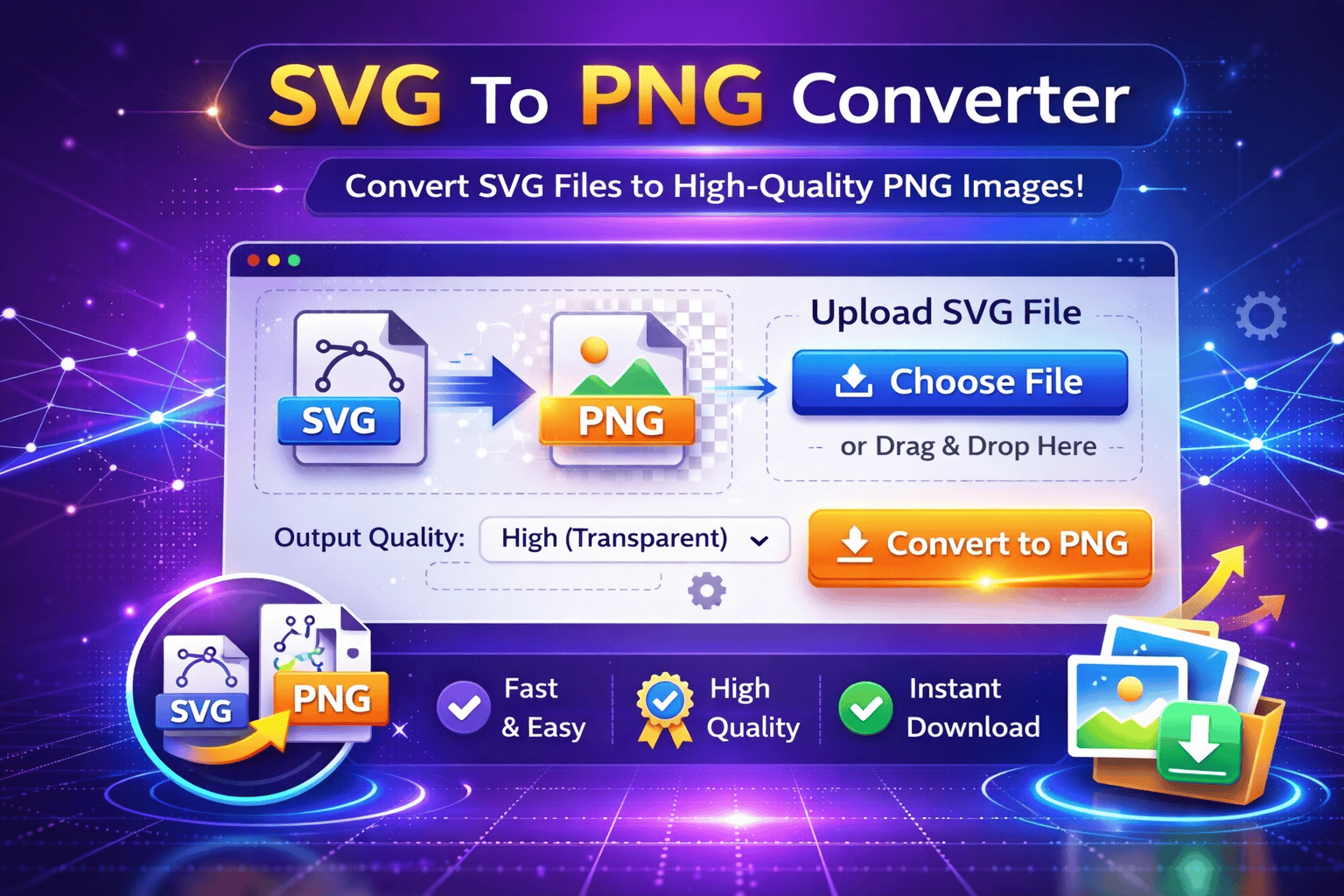 SVG to PNG Converter tool interface converting vector SVG files into high-quality PNG images.