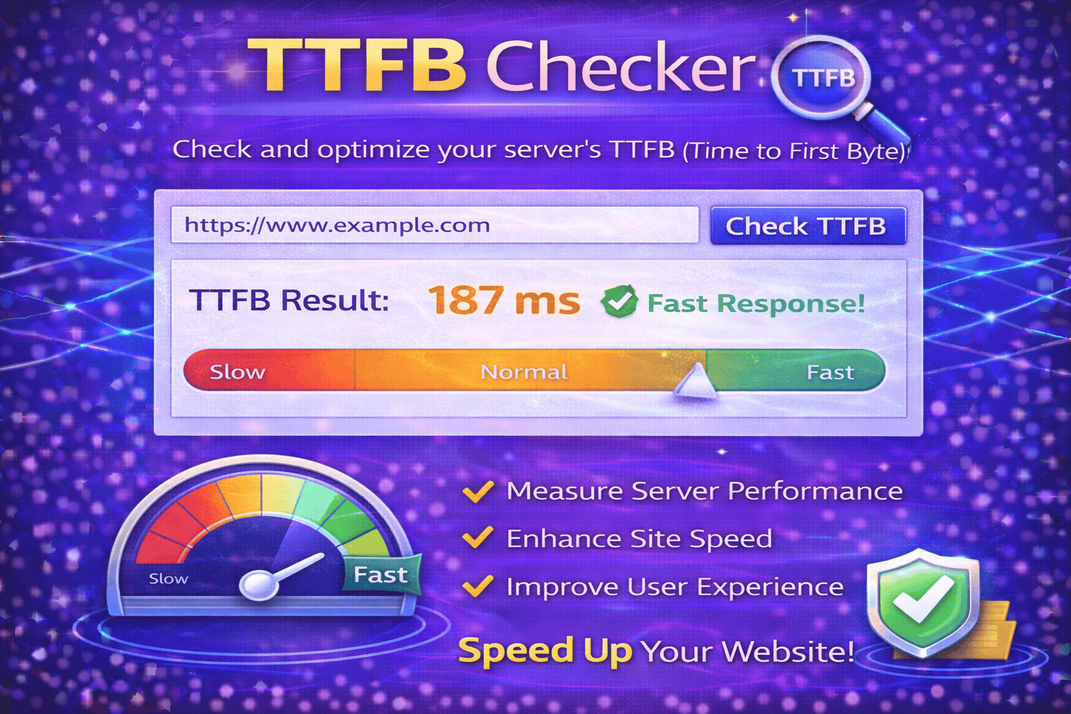 TTFB Checker tool measuring server response time and website performance speed.