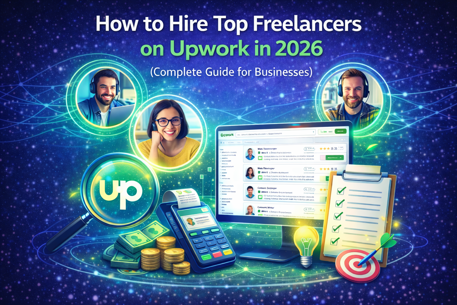 How to Hire Top Freelancers on Upwork in 2026 complete guide for businesses with hiring dashboard, freelancers, checklist and payment illustration.