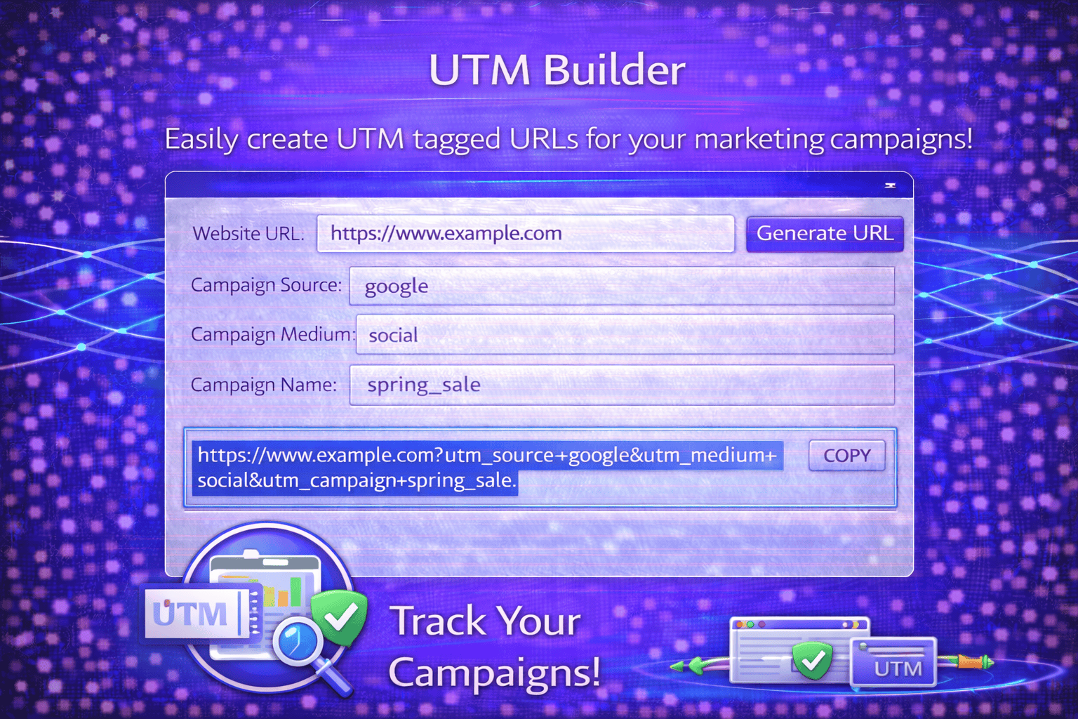 UTM Builder tool interface in a blue and purple gradient design showing website URL field, campaign source, medium and name inputs, generated UTM URL with copy button, and a “Generate URL” button for tracking marketing campaigns.