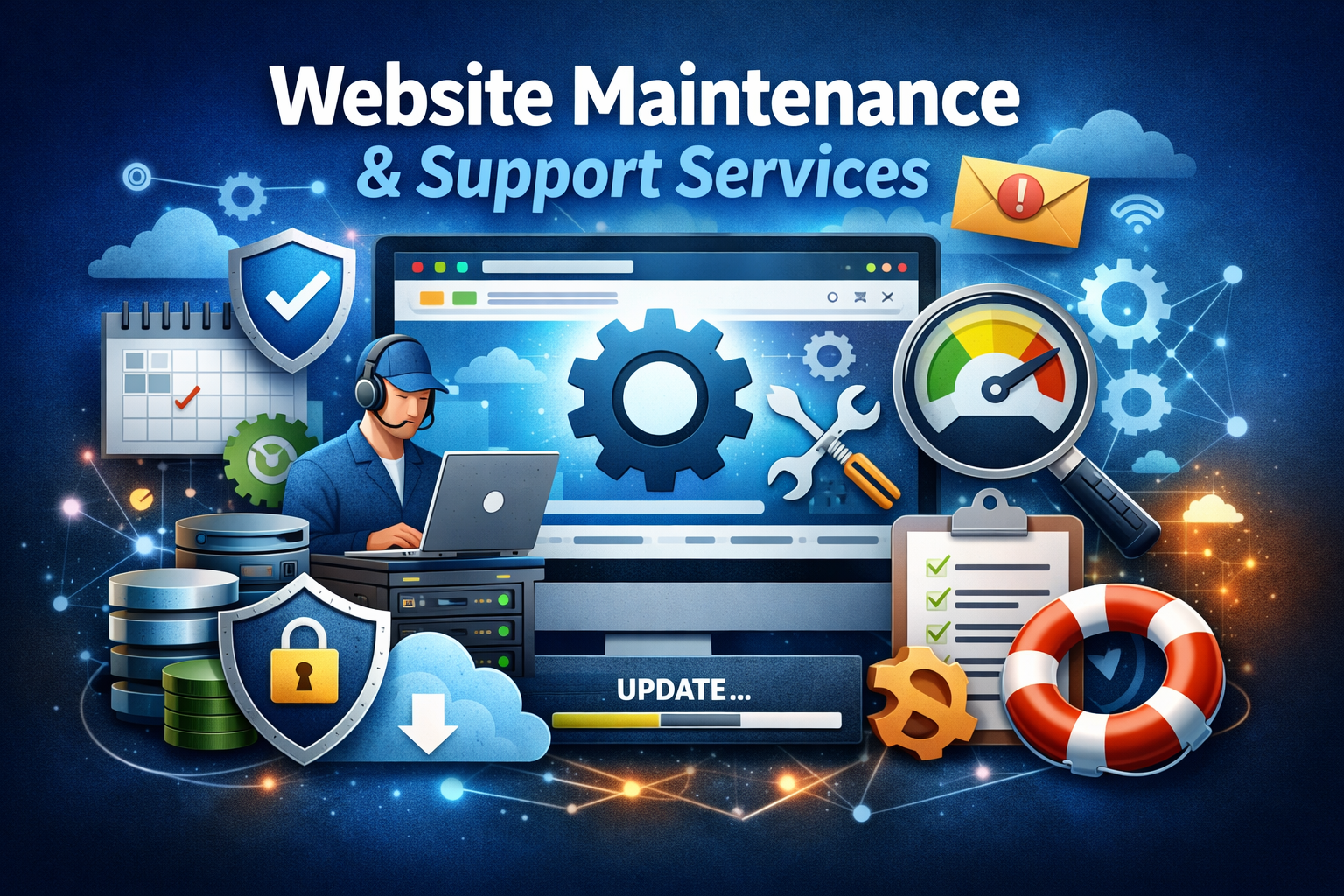 Website maintenance and support services illustration showing security, updates, performance monitoring, and technical support