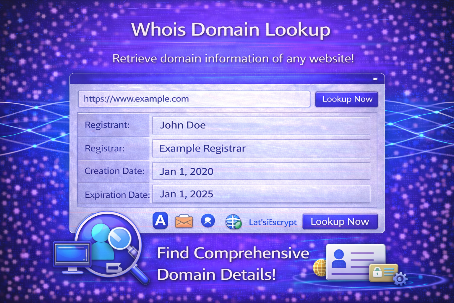 Whois Domain Lookup tool interface in a blue and purple gradient design showing a domain URL input field, registrant name, registrar details, creation and expiration dates, and a “Lookup Now” button for retrieving domain information.