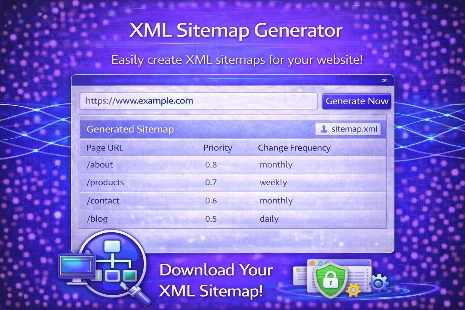 XML Sitemap Generator tool interface in a blue and purple gradient design showing a website URL input field, generated sitemap table with page URLs, priority and change frequency, and a “Generate Now” button with sitemap.xml download option.