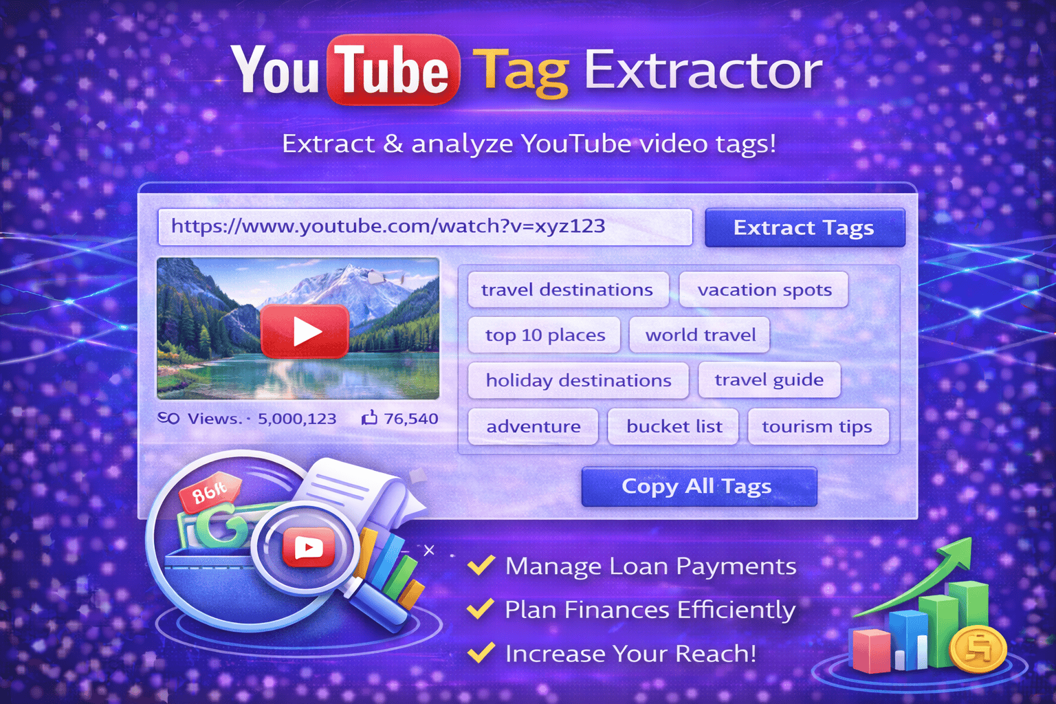 YouTube Tag Extractor tool extracting video tags for SEO optimization and keyword analysis.