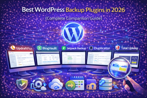 Best WordPress Backup Plugins in 2026 comparison featuring UpdraftPlus, BlogVault, Jetpack Backup, Duplicator, BackWPup, and Total Upkeep with backup and restore management visuals.
