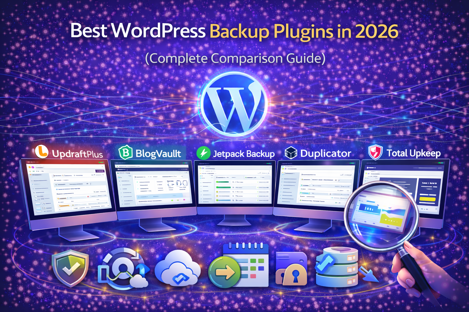 Best WordPress Backup Plugins in 2026 comparison featuring UpdraftPlus, BlogVault, Jetpack Backup, Duplicator, BackWPup, and Total Upkeep with backup and restore management visuals.