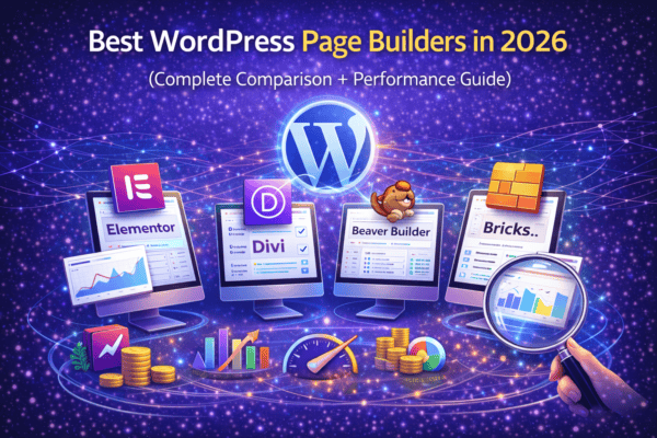 Comparison of top WordPress page builders in 2026 with performance guide visuals.