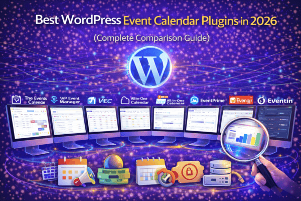 Best WordPress Event Calendar Plugins in 2026 comparison featuring The Events Calendar, WP Event Manager, Modern Events Calendar, All-in-One Event Calendar, EventPrime, EventON, My Calendar, Eventin, and Event Organiser with event scheduling and calendar management visuals.