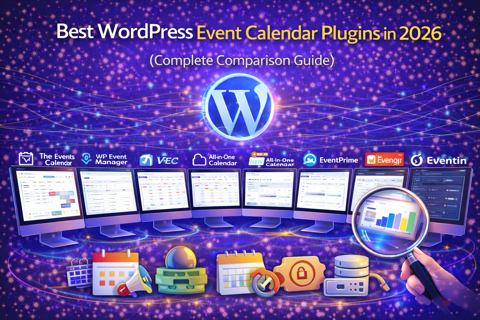 Best WordPress Event Calendar Plugins in 2026 comparison featuring The Events Calendar, WP Event Manager, Modern Events Calendar, All-in-One Event Calendar, EventPrime, EventON, My Calendar, Eventin, and Event Organiser with event scheduling and calendar management visuals.