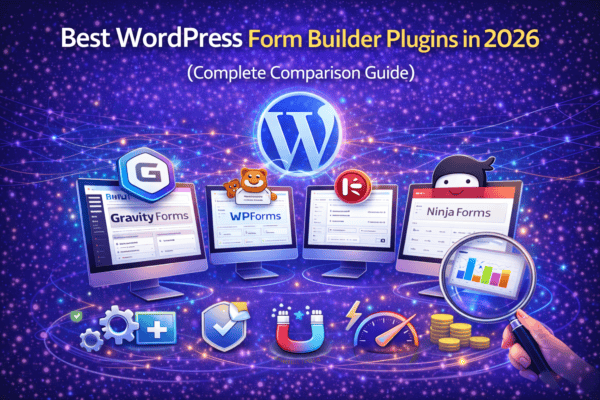 Best WordPress Form Builder Plugins in 2026 (Complete Comparison Guide) showcasing top plugins like Gravity Forms, WPForms, Ninja Forms with performance and feature icons.