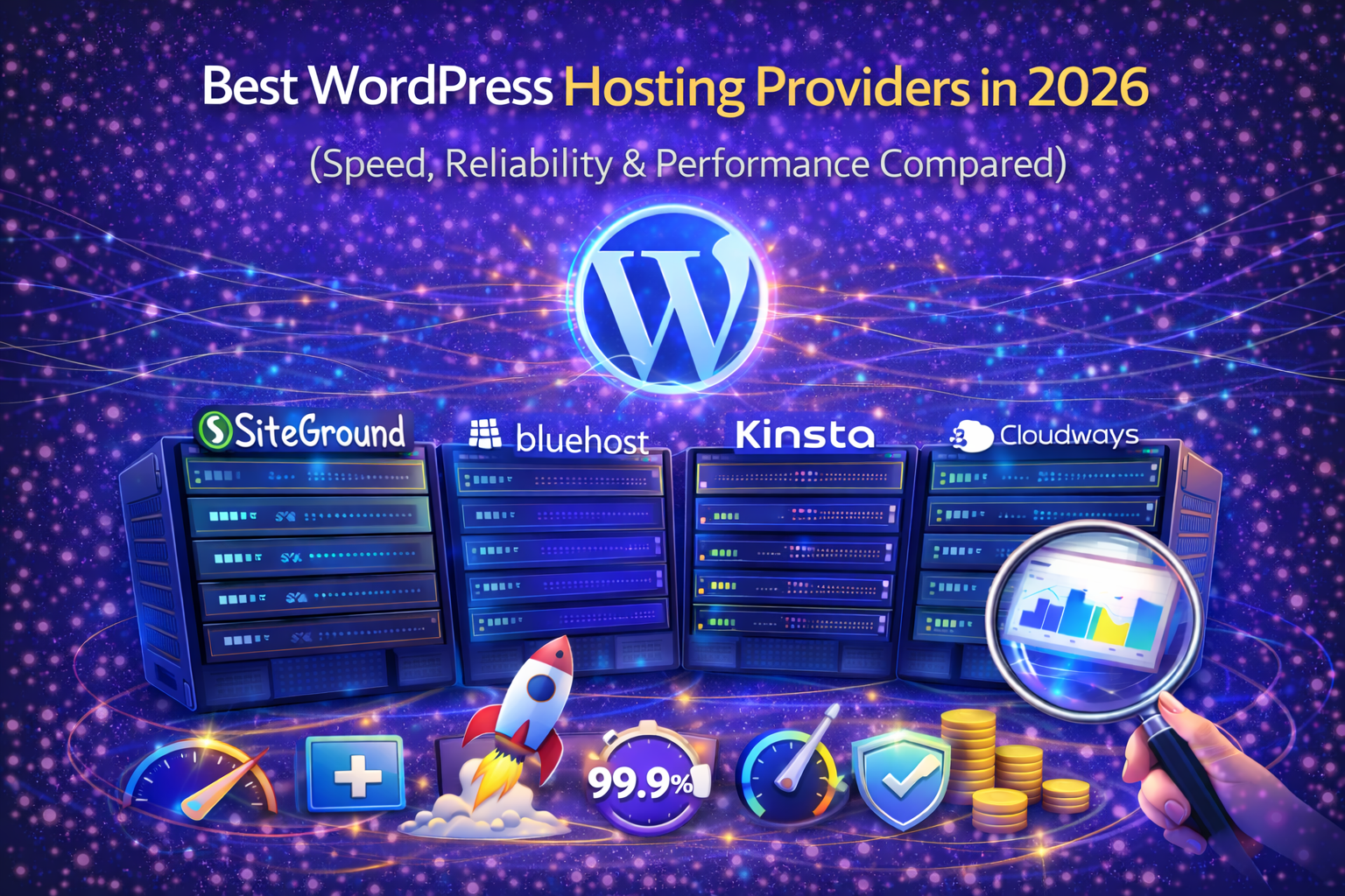 Best WordPress hosting providers in 2026 comparison featuring top hosts like SiteGround, Bluehost, Kinsta, and Cloudways with speed, reliability, uptime, and performance visuals.
