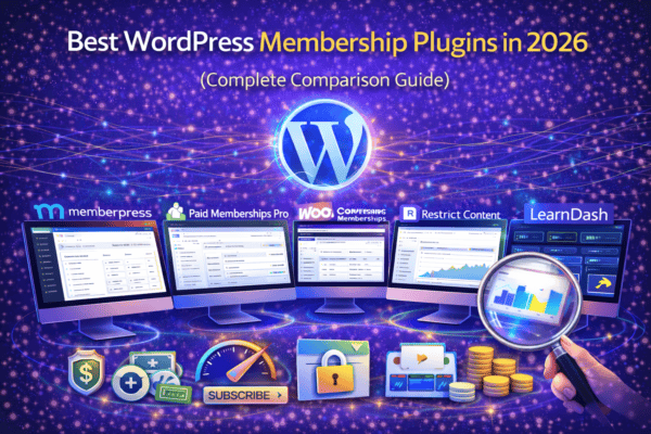 Best WordPress Membership Plugins in 2026 comparison featuring MemberPress, Paid Memberships Pro, WooCommerce Memberships, Restrict Content Pro, MemberMouse, and LearnDash with subscription and membership management visuals.