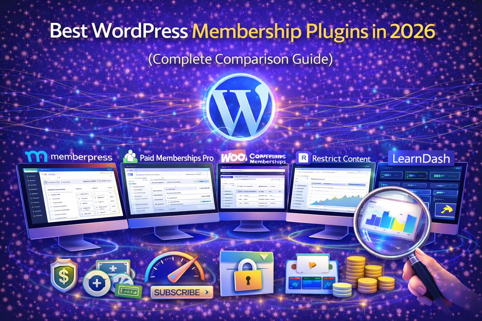 Best WordPress Membership Plugins in 2026 comparison featuring MemberPress, Paid Memberships Pro, WooCommerce Memberships, Restrict Content Pro, MemberMouse, and LearnDash with subscription and membership management visuals.