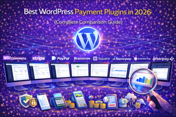 Best WordPress payment plugins in 2026 comparison featuring WooCommerce Payments, Stripe, PayPal, Braintree, Square, Razorpay, WP Simple Pay, Amazon Pay, and Afterpay with online payment and checkout visuals.