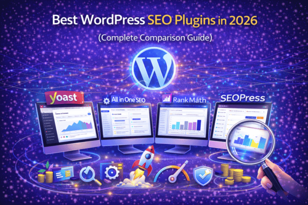 Best WordPress SEO Plugins in 2026 comparison featuring Yoast SEO, Rank Math, All in One SEO, and SEOPress with search ranking and analytics visuals.