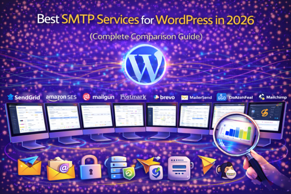 Best SMTP services for WordPress in 2026 comparison featuring SendGrid, Amazon SES, Mailgun, Postmark, Brevo, MailerSend, SMTP2GO, Zoho ZeptoMail, Mailjet, Elastic Email, Mailtrap, and Mailchimp with email delivery and SMTP performance visuals.
