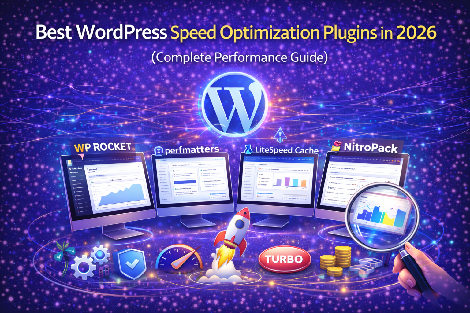 Best WordPress Speed Optimization Plugins in 2026 comparison featuring WP Rocket, Perfmatters, LiteSpeed Cache, and NitroPack with performance and speed metrics visuals.