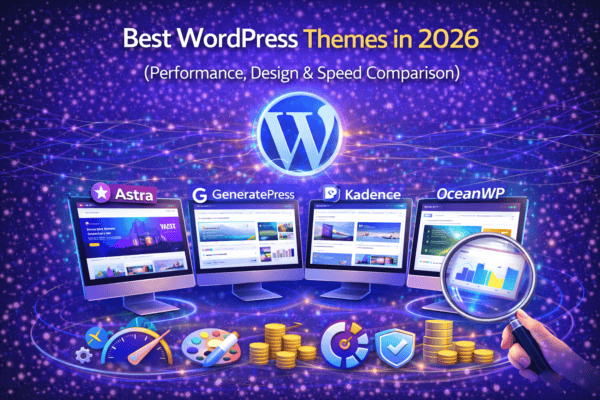 Best WordPress Themes in 2026 comparison featuring Astra, GeneratePress, Kadence, and OceanWP with performance, design, and speed metrics visuals.