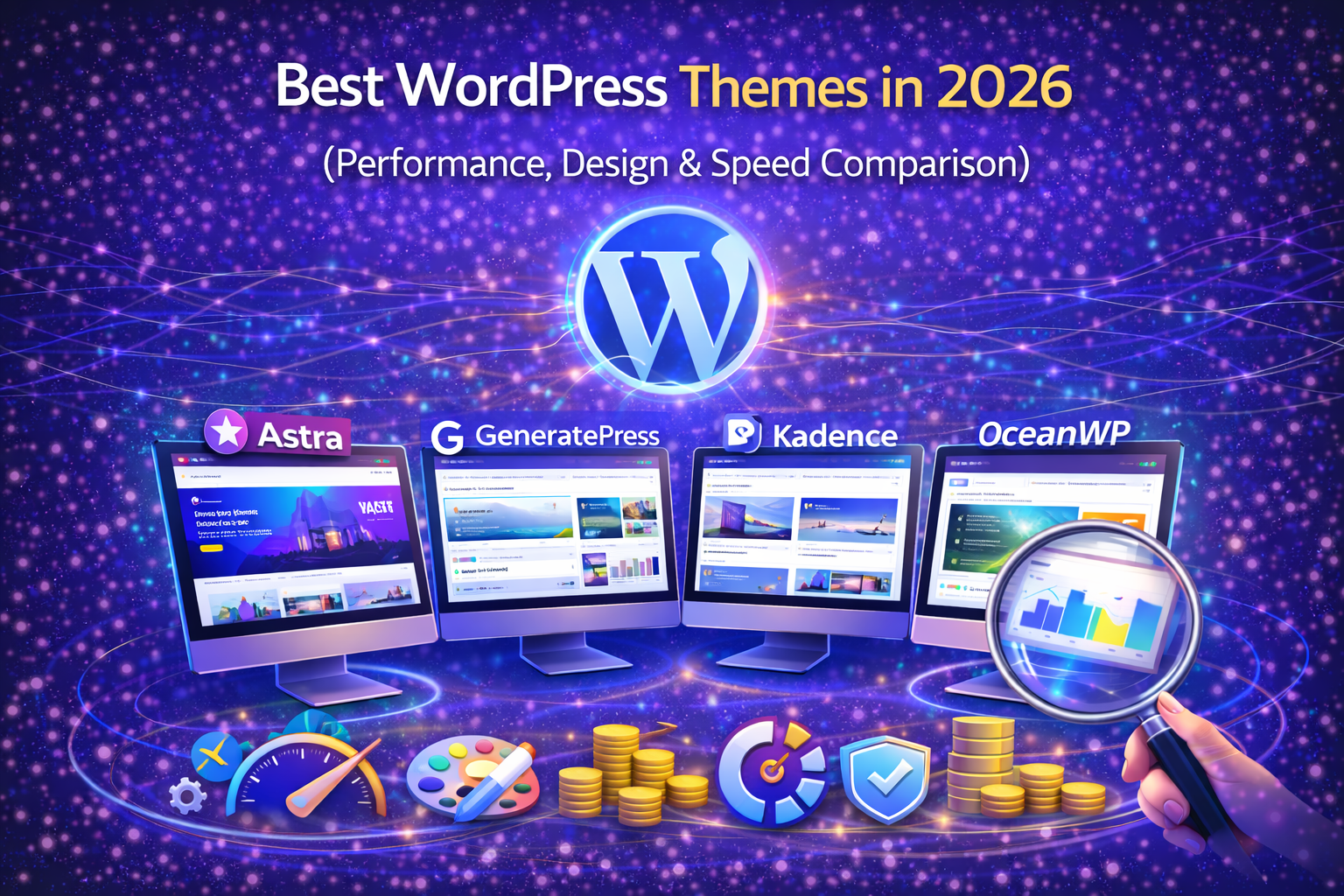 Best WordPress Themes in 2026 comparison featuring Astra, GeneratePress, Kadence, and OceanWP with performance, design, and speed metrics visuals.