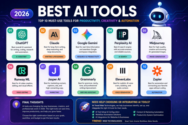 Modern blog banner showing “Best AI Tools in 2026” with a futuristic AI robot, dark blue gradient background, and icons for popular AI tools including ChatGPT, Claude, Gemini, Perplexity, Midjourney, Runway, Jasper, Grammarly, ElevenLabs, and Zapier.