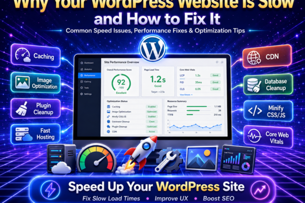 WordPress speed optimization dashboard showing common slow website issues like caching, image optimization, plugin cleanup, CDN, database cleanup, and Core Web Vitals fixes.