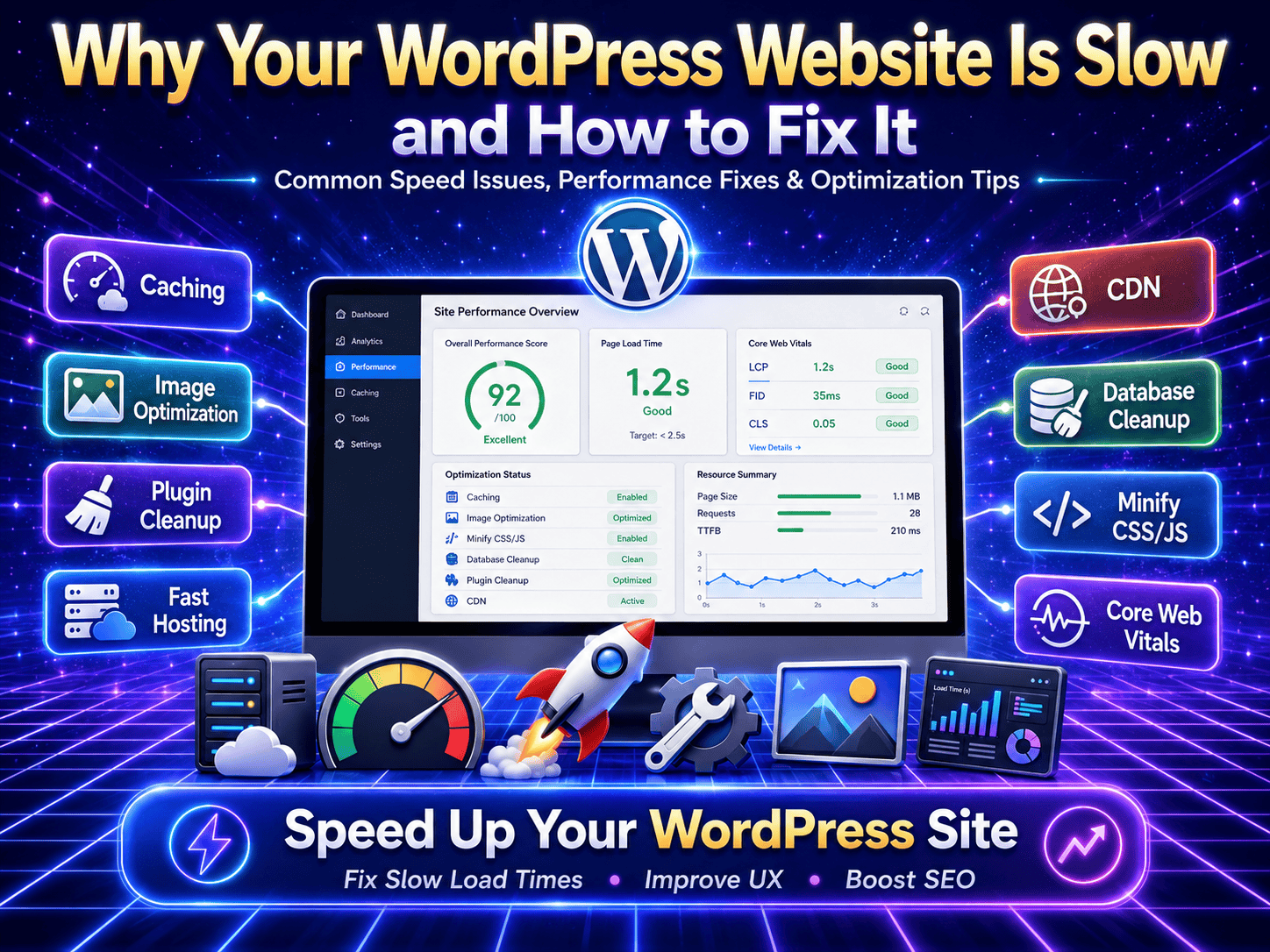 WordPress speed optimization dashboard showing common slow website issues like caching, image optimization, plugin cleanup, CDN, database cleanup, and Core Web Vitals fixes.