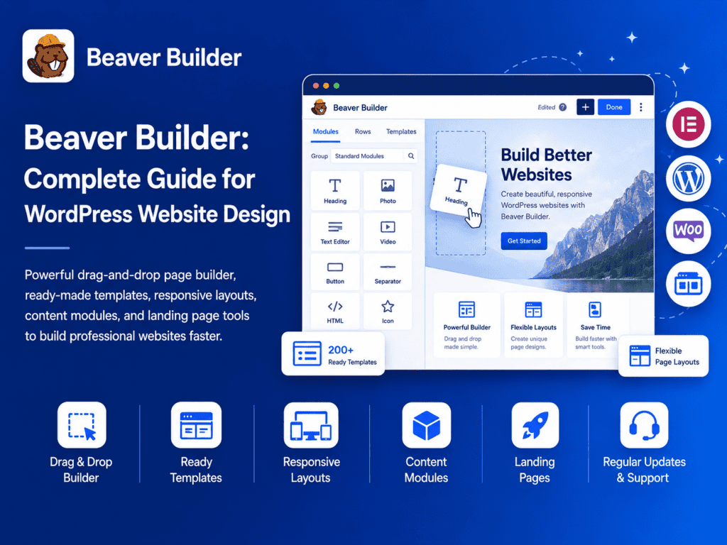 Beaver Builder blue blog banner showing WordPress drag-and-drop page builder interface, website layout blocks, responsive design icons, templates, and modules.