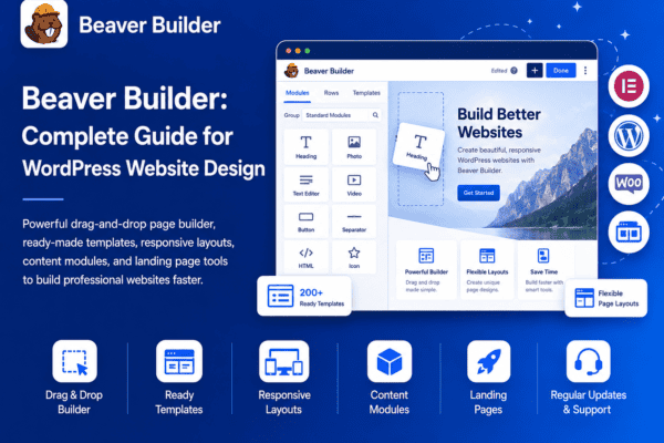 Beaver Builder blue blog banner showing WordPress drag-and-drop page builder interface, website layout blocks, responsive design icons, templates, and modules.
