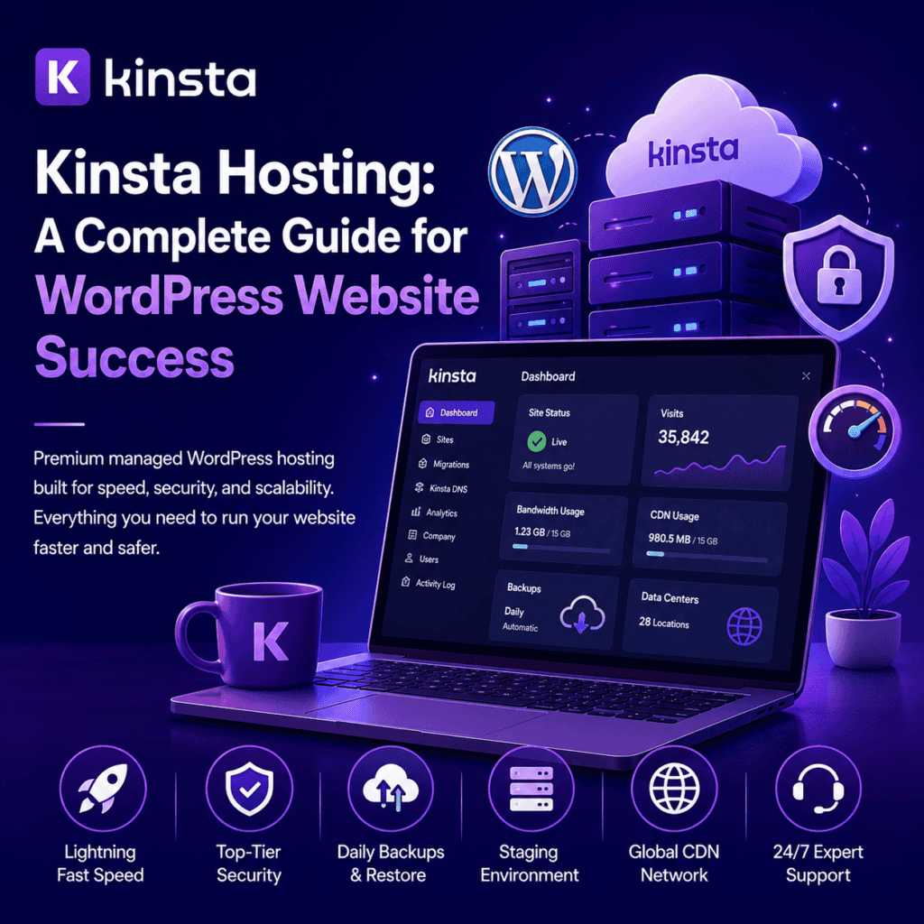 Kinsta managed WordPress hosting guide banner showing Kinsta dashboard, server cloud, WordPress and WooCommerce icons, security shield, backups, speed, and website migration features.