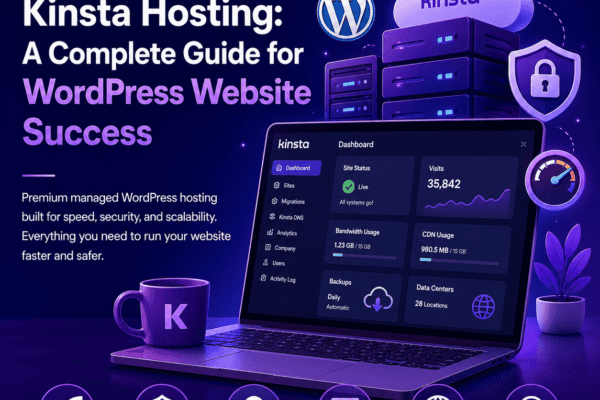 Kinsta managed WordPress hosting guide banner showing Kinsta dashboard, server cloud, WordPress and WooCommerce icons, security shield, backups, speed, and website migration features.