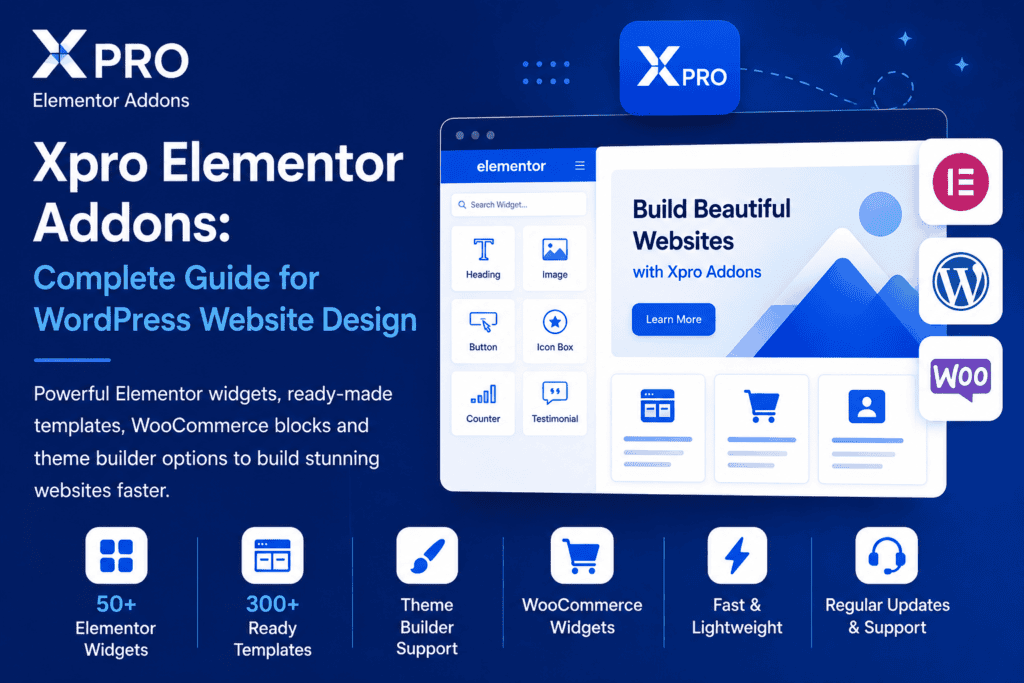 Xpro Elementor Addons blue banner showing Elementor widgets, WordPress logo, WooCommerce tools, theme builder support, ready-made templates, and website design interface.